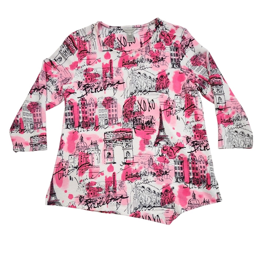Multiples Paris City Print Tunic Top Pink White Ribbed Sharkbite Hem Womens L